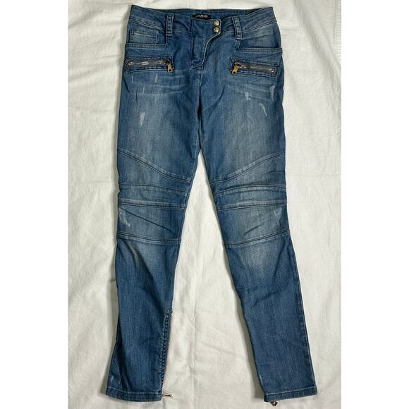 Balmain Paris Moto Skinny Jeans Womens Size 40 Blue Distressed Zip Details - Picture 1 of 15